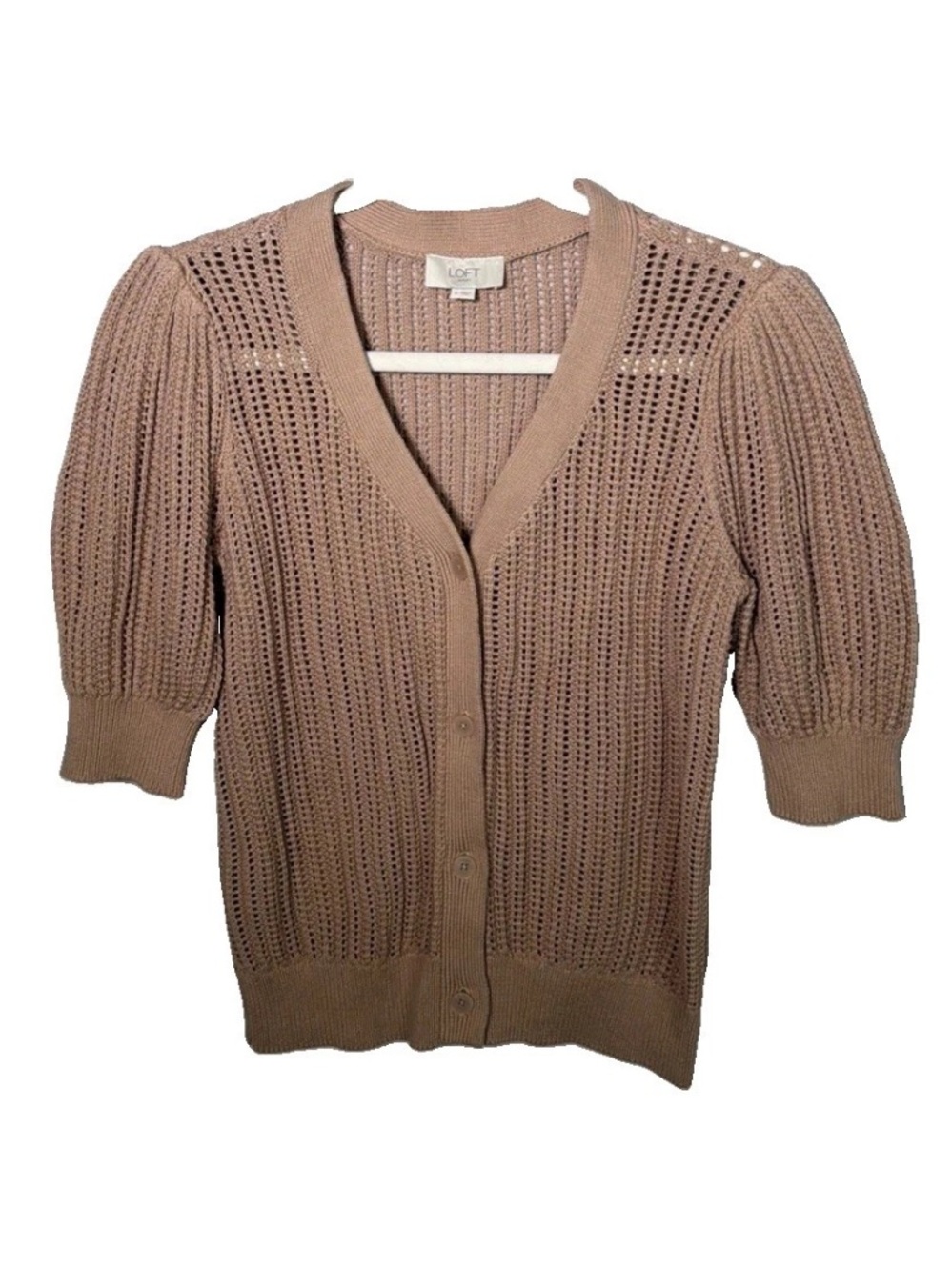 Loft V-neck Open Knit Button Up Tan Cardigan Sweater